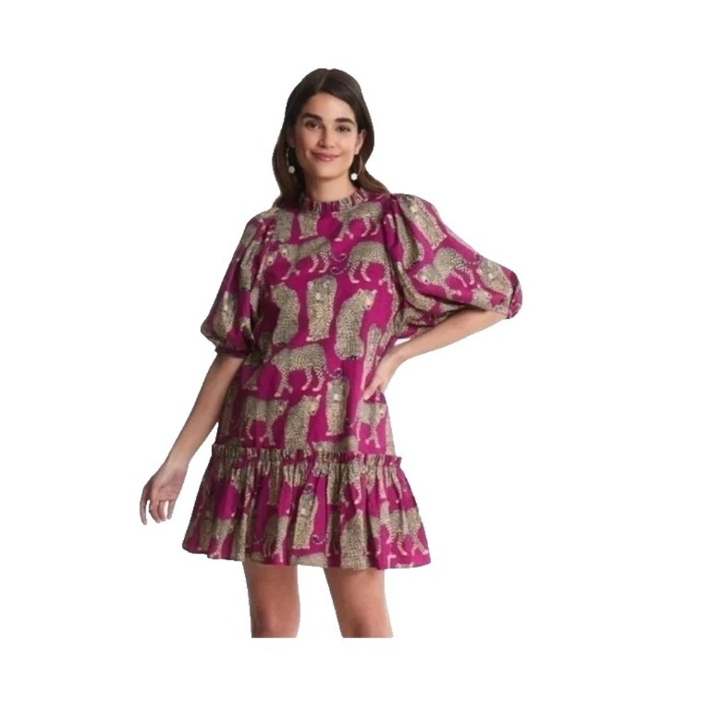 Tyler Boe Sammy Dress Large Cheetah Pink Print Puff Sleeve Tiered Cottage Modest